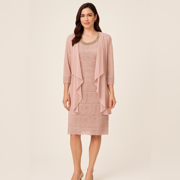 R&M Richards Dresses & Skirts - R&M Richards Blush Lace Dress & Sheer Jacket Set Size 10 Formal Outfit